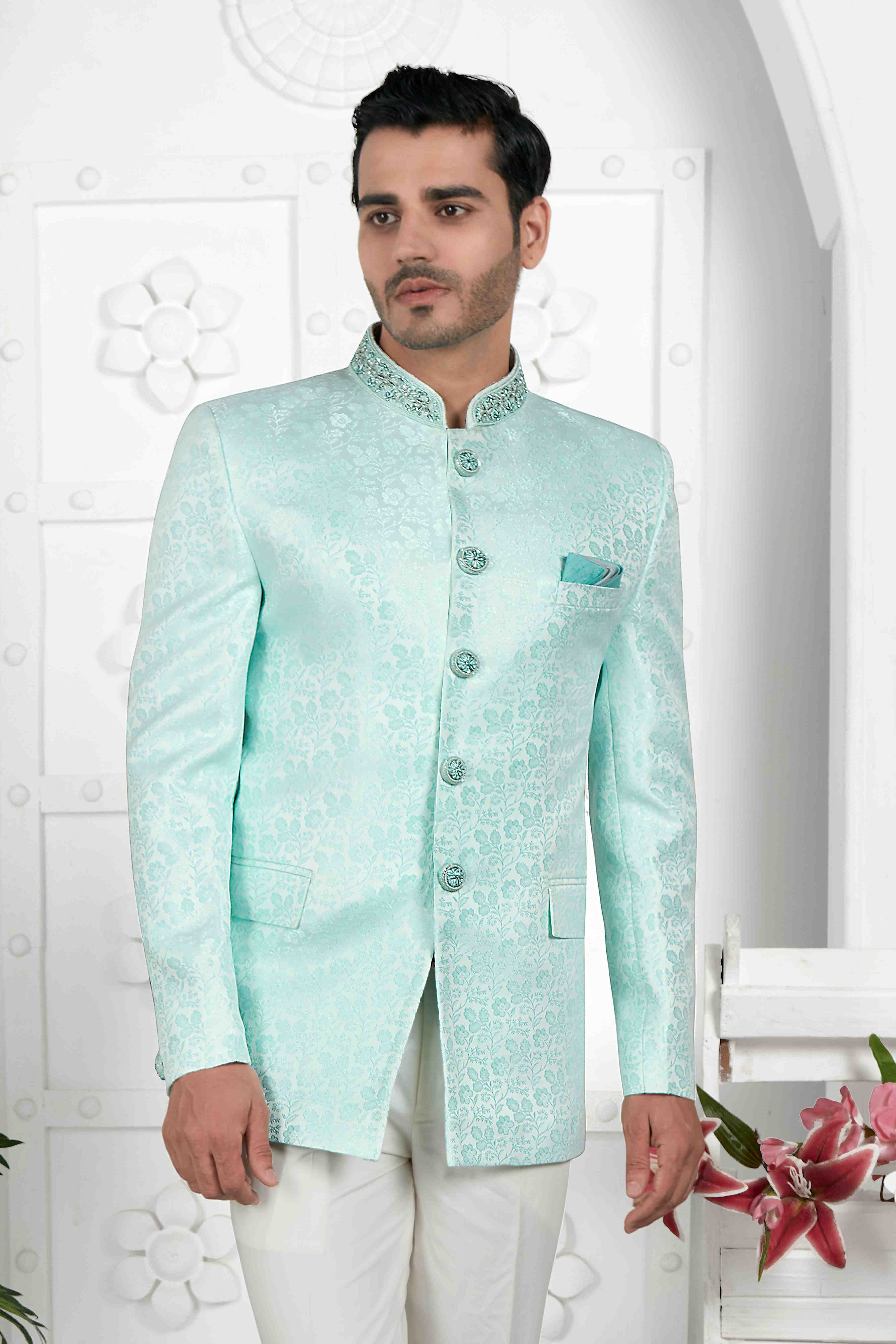 Raivat Ethnic Jacquard Silk Embroidery Work Jodhpuri In Firozi Green Colour