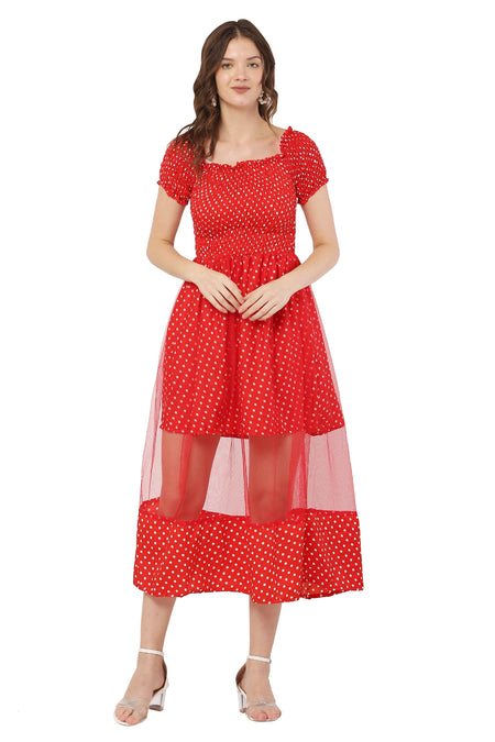 PAVONINE Red Color Polka Dot Net Kansai Dress For Women