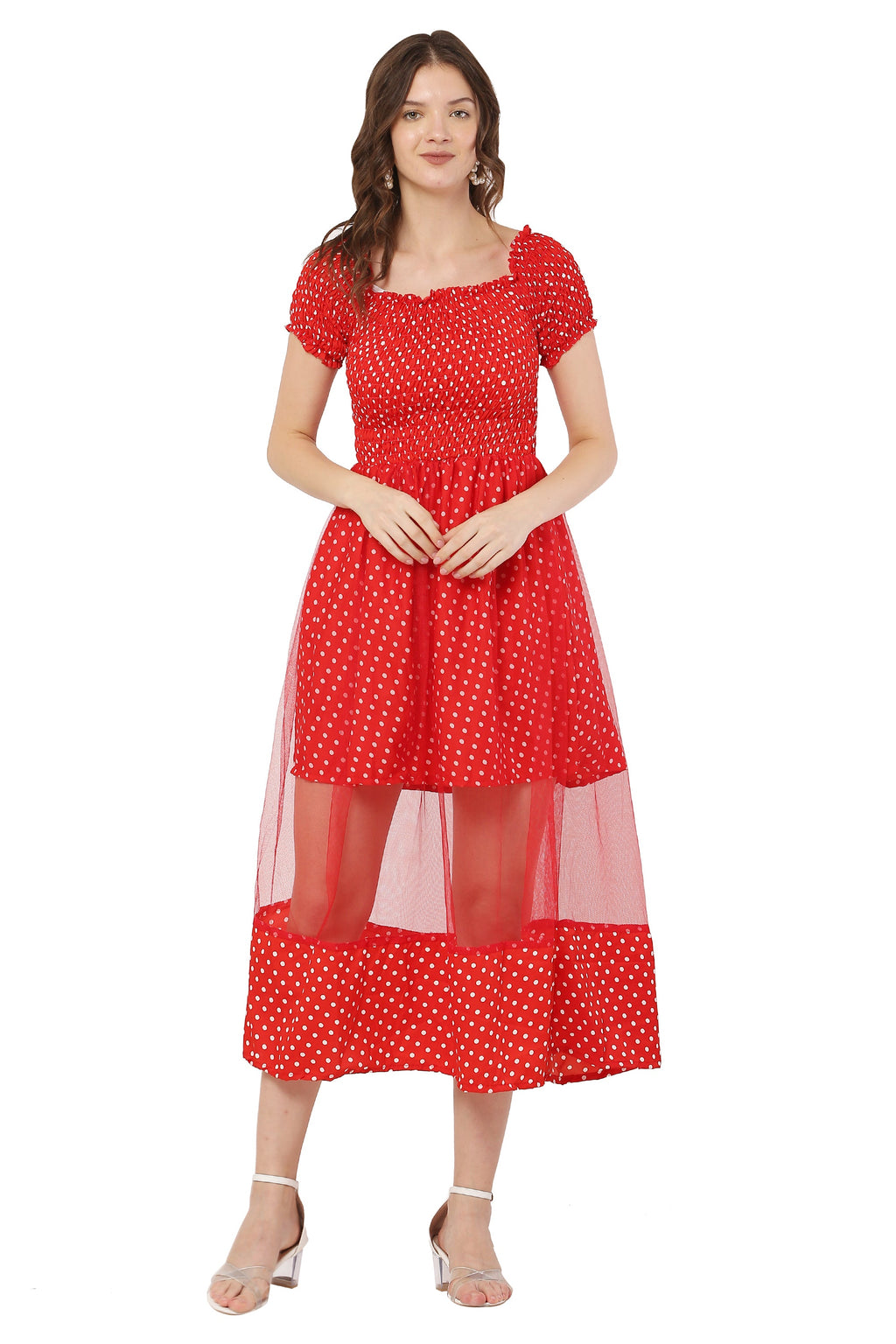 PAVONINE Red Color Polka Dot Net Kansai Dress For Women - Distacart