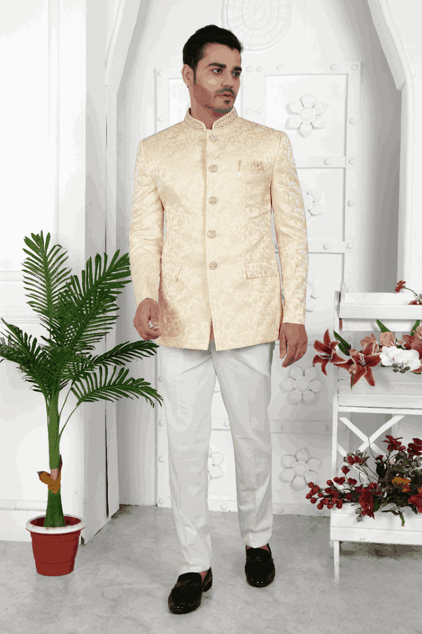 Raivat Ethnic Jacquard Silk Embroidery Work Jodhpuri In Beige Colour
