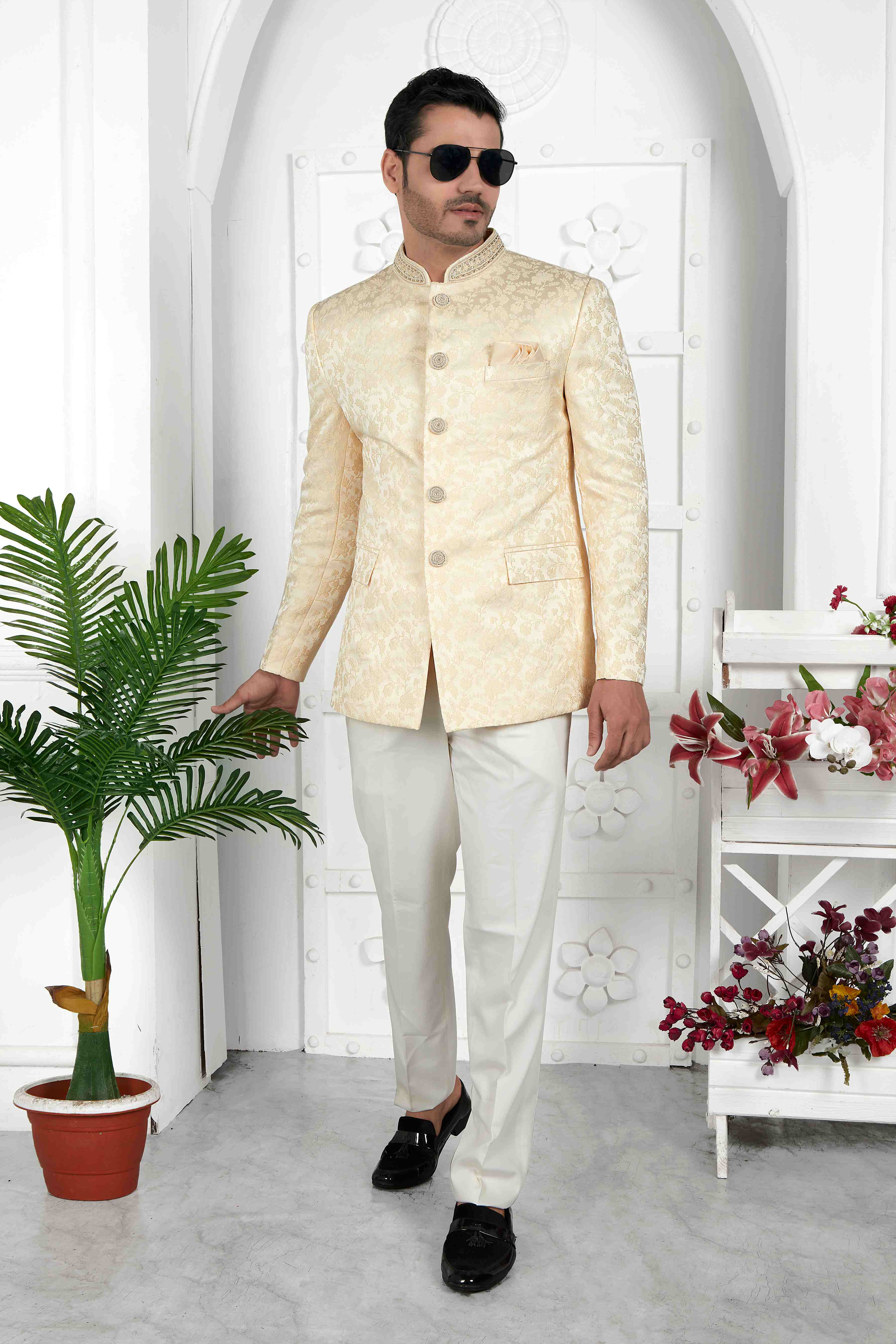 Raivat Ethnic Jacquard Silk Embroidery Work Jodhpuri In Beige Colour