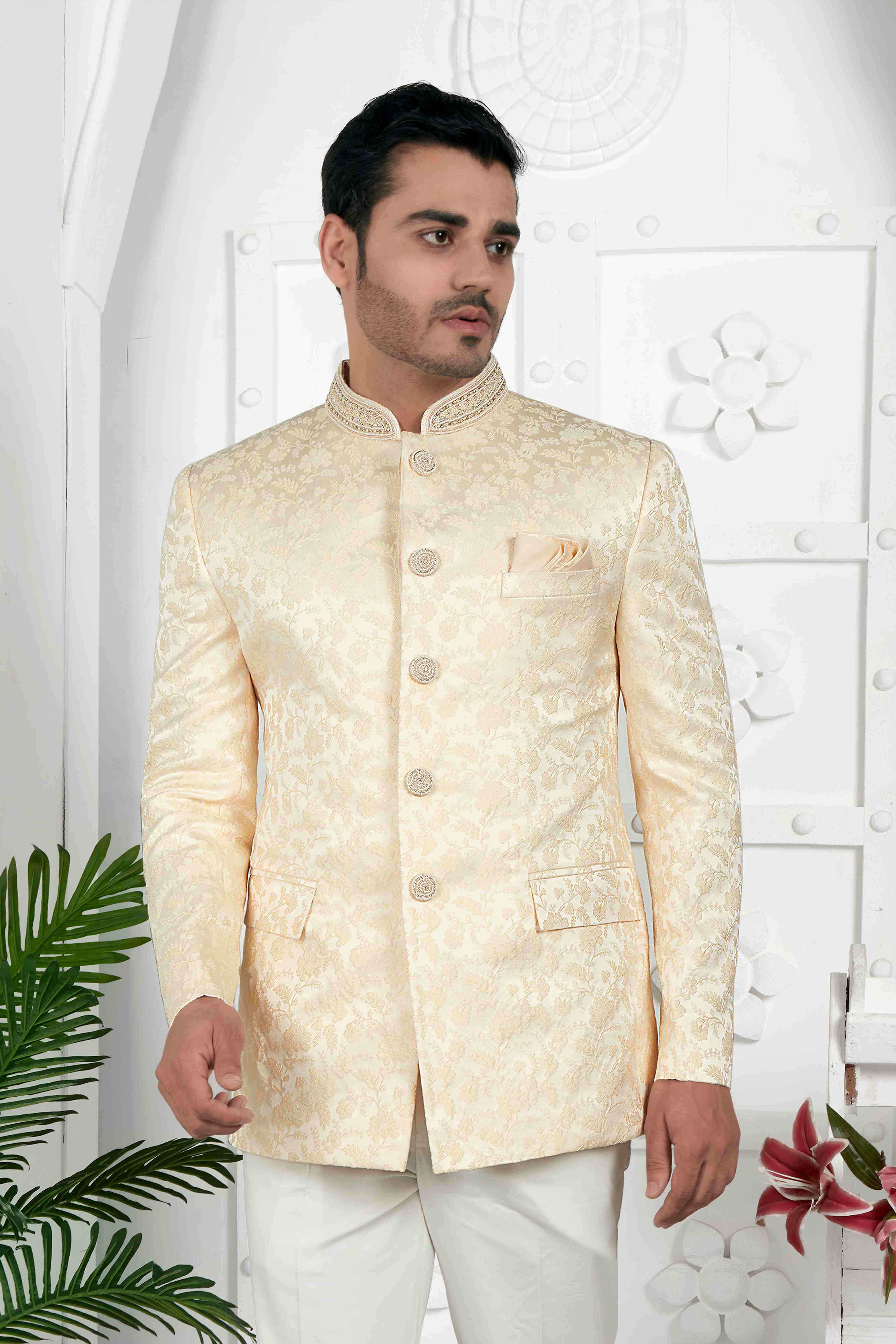 Raivat Ethnic Jacquard Silk Embroidery Work Jodhpuri In Beige Colour