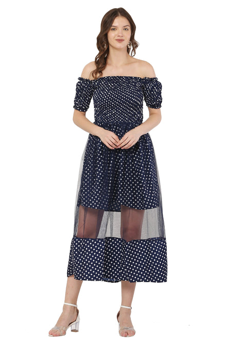PAVONINE Navy Blue Color Polka Dot Net Kansai Dress For Women