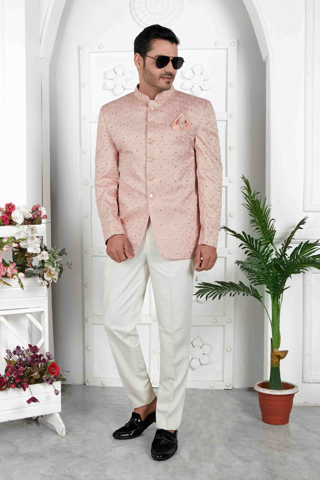 Raivat Ethnic Art Silk Thread Work Jodhpuri In Peach Colour