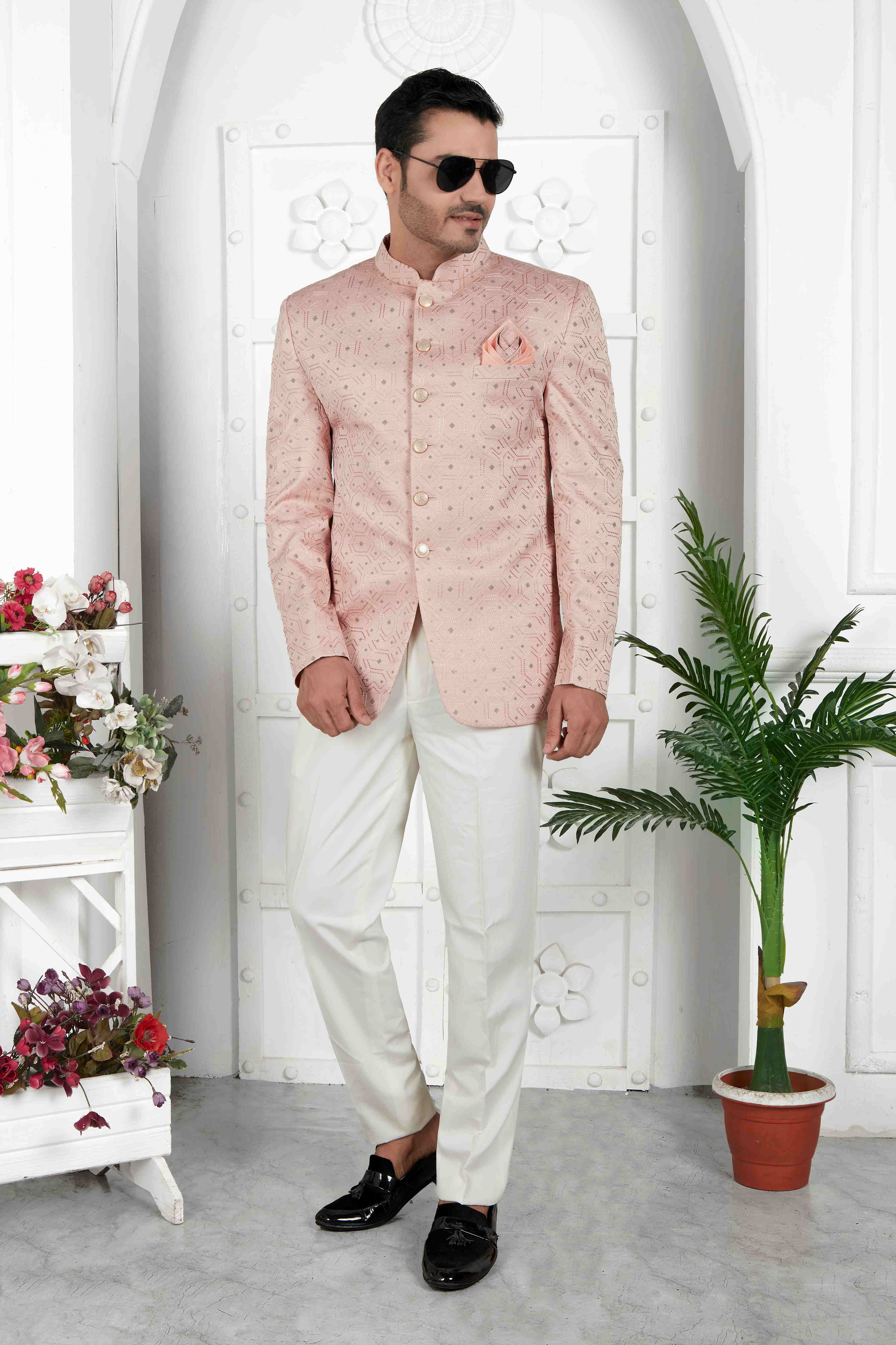 Raivat Ethnic Art Silk Thread Work Jodhpuri In Peach Colour