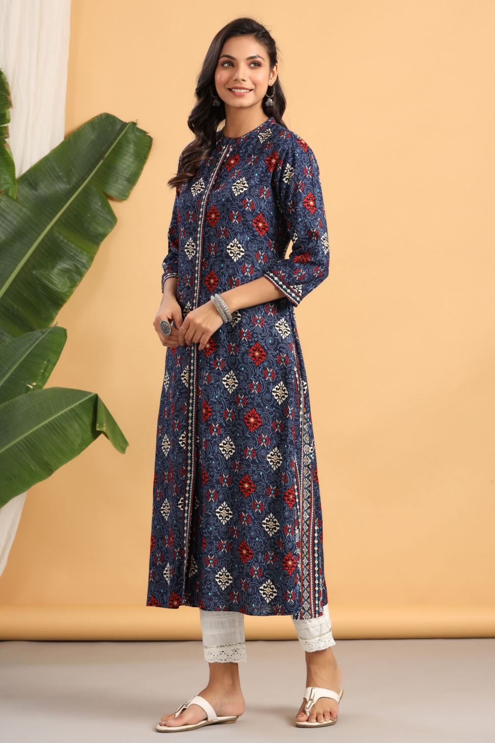 Juniper Womens Indigo Rayon Printed A-Line Kurta - Distacart