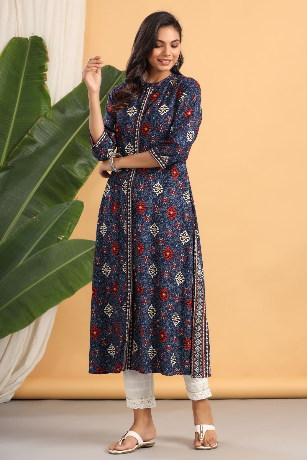 Juniper Womens Indigo Rayon Printed A-Line Kurta - Distacart
