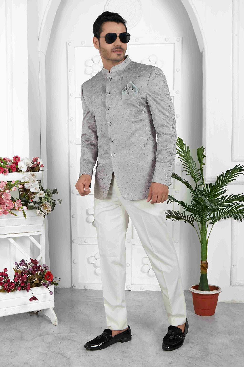 Raivat Ethnic Art Silk Thread Work Jodhpuri In Grey Colour