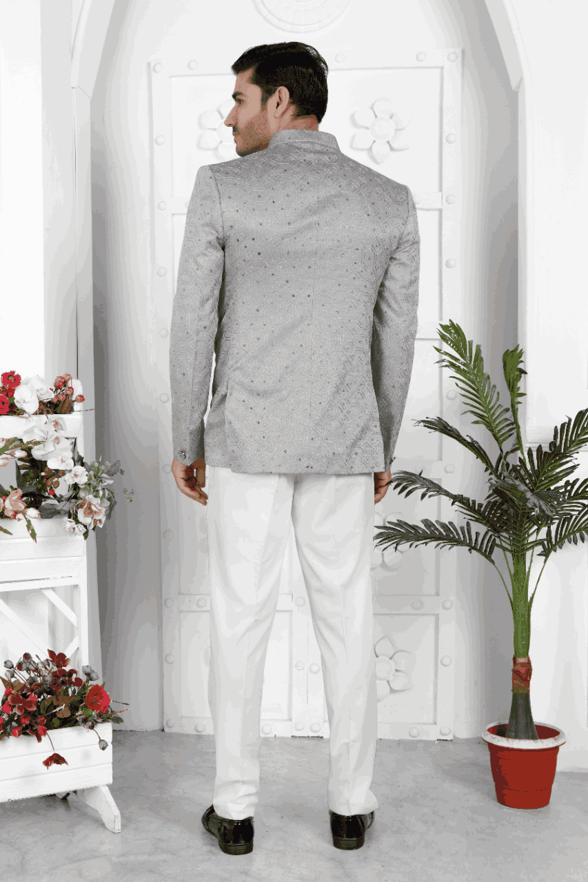 Raivat Ethnic Art Silk Thread Work Jodhpuri In Grey Colour