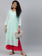 ADA Women Sea Green Chikankari Hand Embroidered Straight Kota Handloom Kurta With Matching Slip