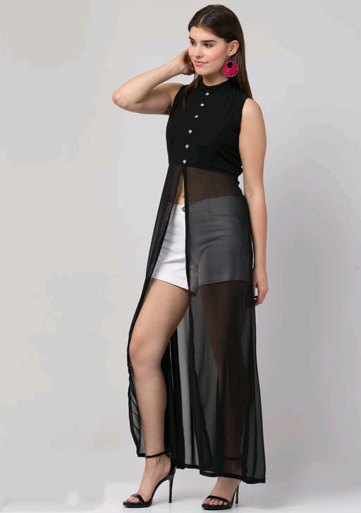 PAVONINE Black Color Shining Buttons Net Fabric Slit Dress For Women - Distacart