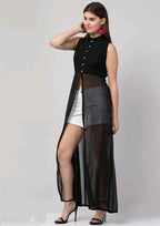PAVONINE Black Color Shining Buttons Net Fabric Slit Dress For Women - Distacart