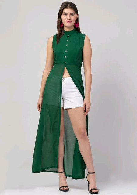 PAVONINE Bottle Green Color Shining Buttons Net Fabric Slit Dress For Women