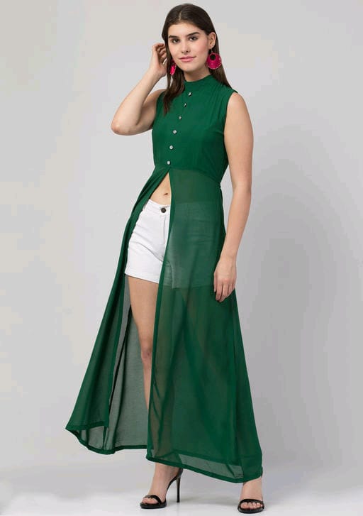 PAVONINE Bottle Green Color Shining Buttons Net Fabric Slit Dress For Women - Distacart