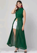 PAVONINE Bottle Green Color Shining Buttons Net Fabric Slit Dress For Women - Distacart