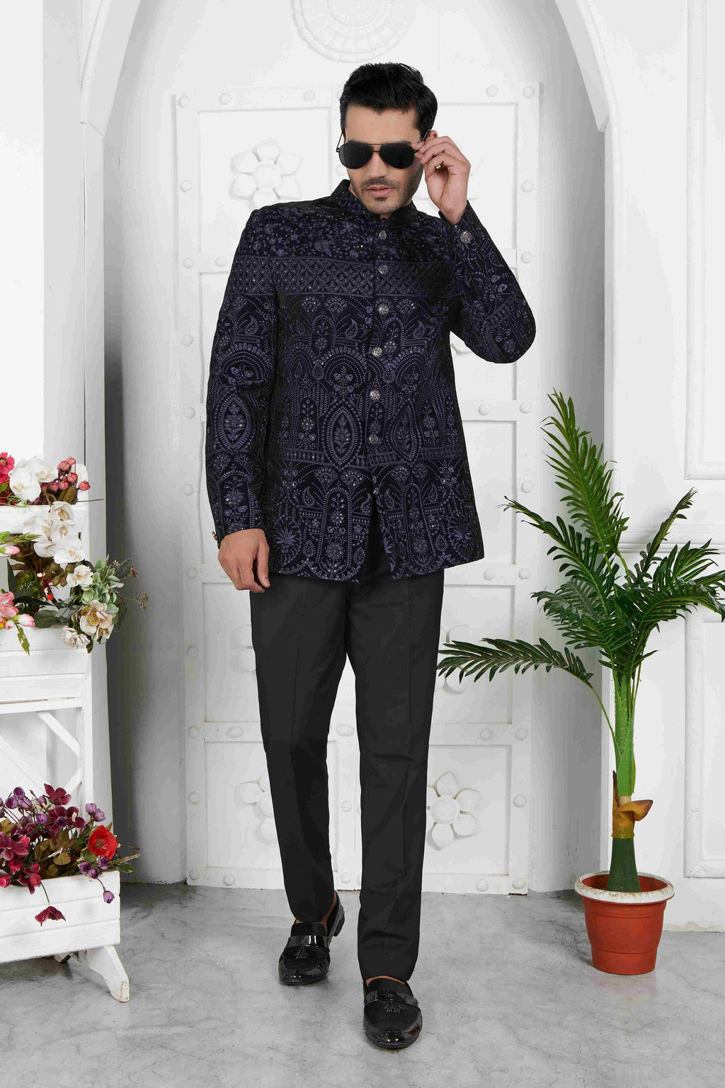 Raivat Ethnic Velvet Thread Work Jodhpuri In Blue Colour