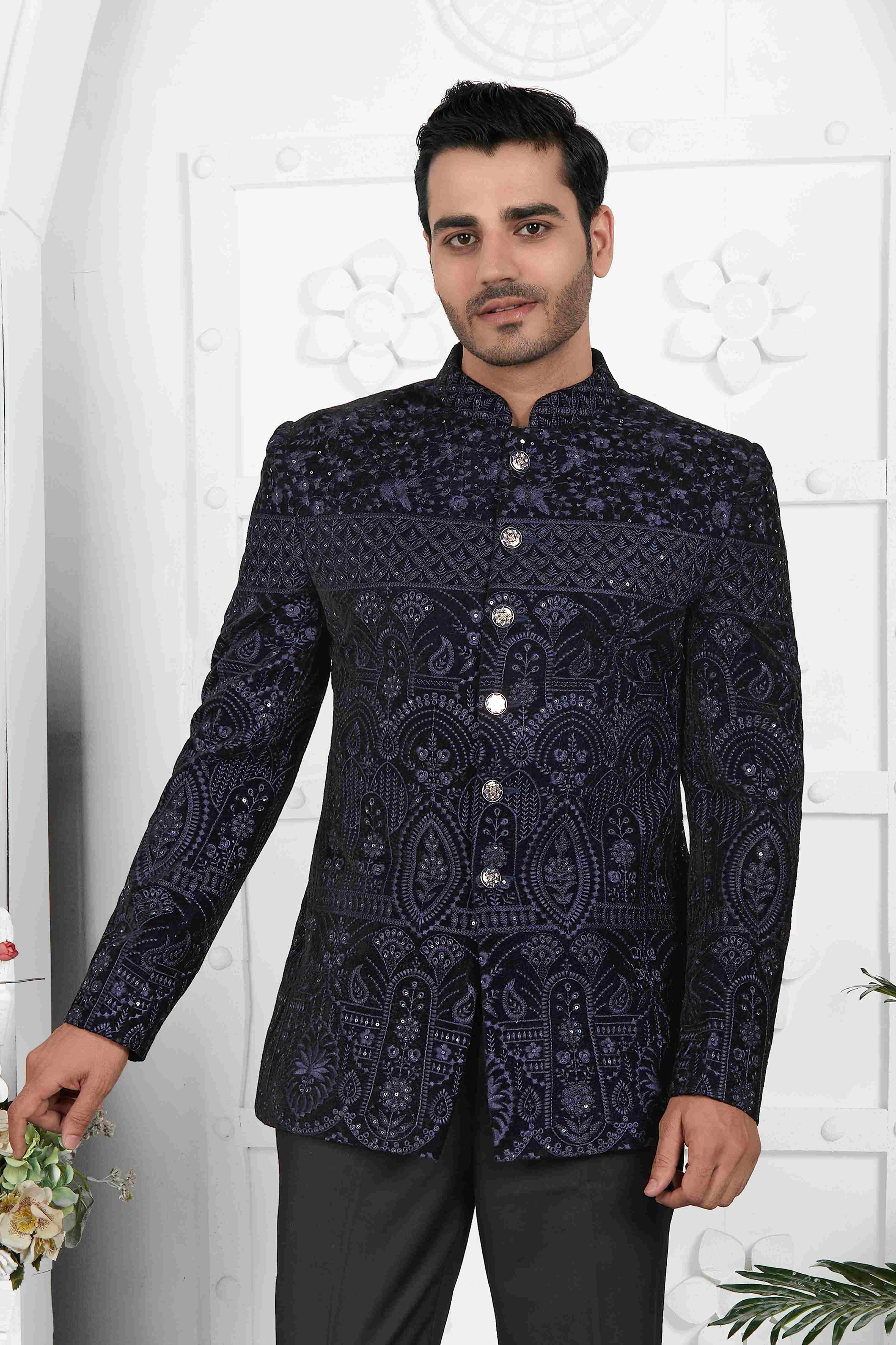 Raivat Ethnic Velvet Thread Work Jodhpuri In Blue Colour