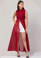 PAVONINE Maroon Color Shining Buttons Net Fabric Slit Dress For Women - Distacart