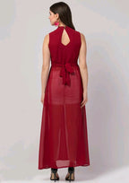 PAVONINE Maroon Color Shining Buttons Net Fabric Slit Dress For Women - Distacart