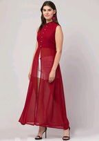 PAVONINE Maroon Color Shining Buttons Net Fabric Slit Dress For Women - Distacart
