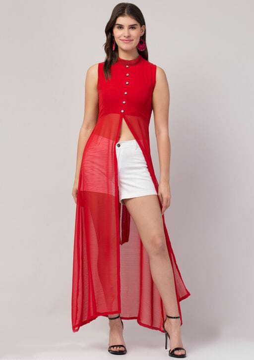 PAVONINE Red Color Shining Buttons Net Fabric Slit Dress For Women - Distacart