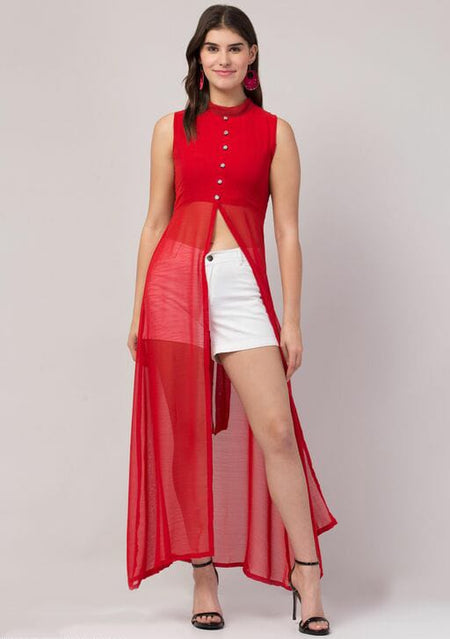 PAVONINE Red Color Shining Buttons Net Fabric Slit Dress For Women