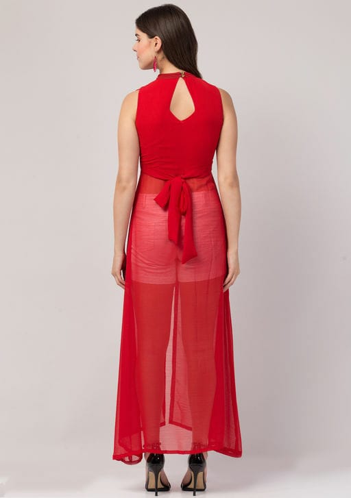 PAVONINE Red Color Shining Buttons Net Fabric Slit Dress For Women - Distacart