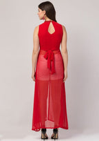 PAVONINE Red Color Shining Buttons Net Fabric Slit Dress For Women - Distacart