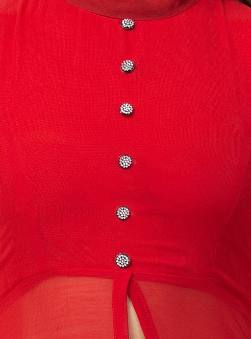 PAVONINE Red Color Shining Buttons Net Fabric Slit Dress For Women - Distacart