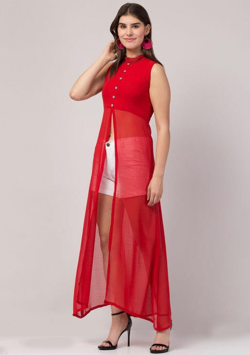 PAVONINE Red Color Shining Buttons Net Fabric Slit Dress For Women - Distacart