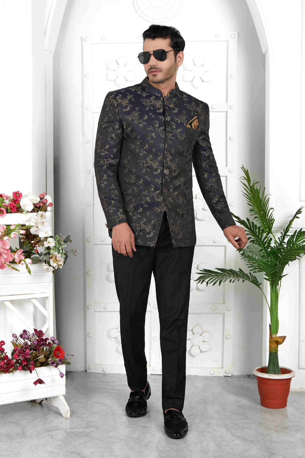 Raivat Ethnic Jacquard Silk Thread Work Jodhpuri In Black Colour