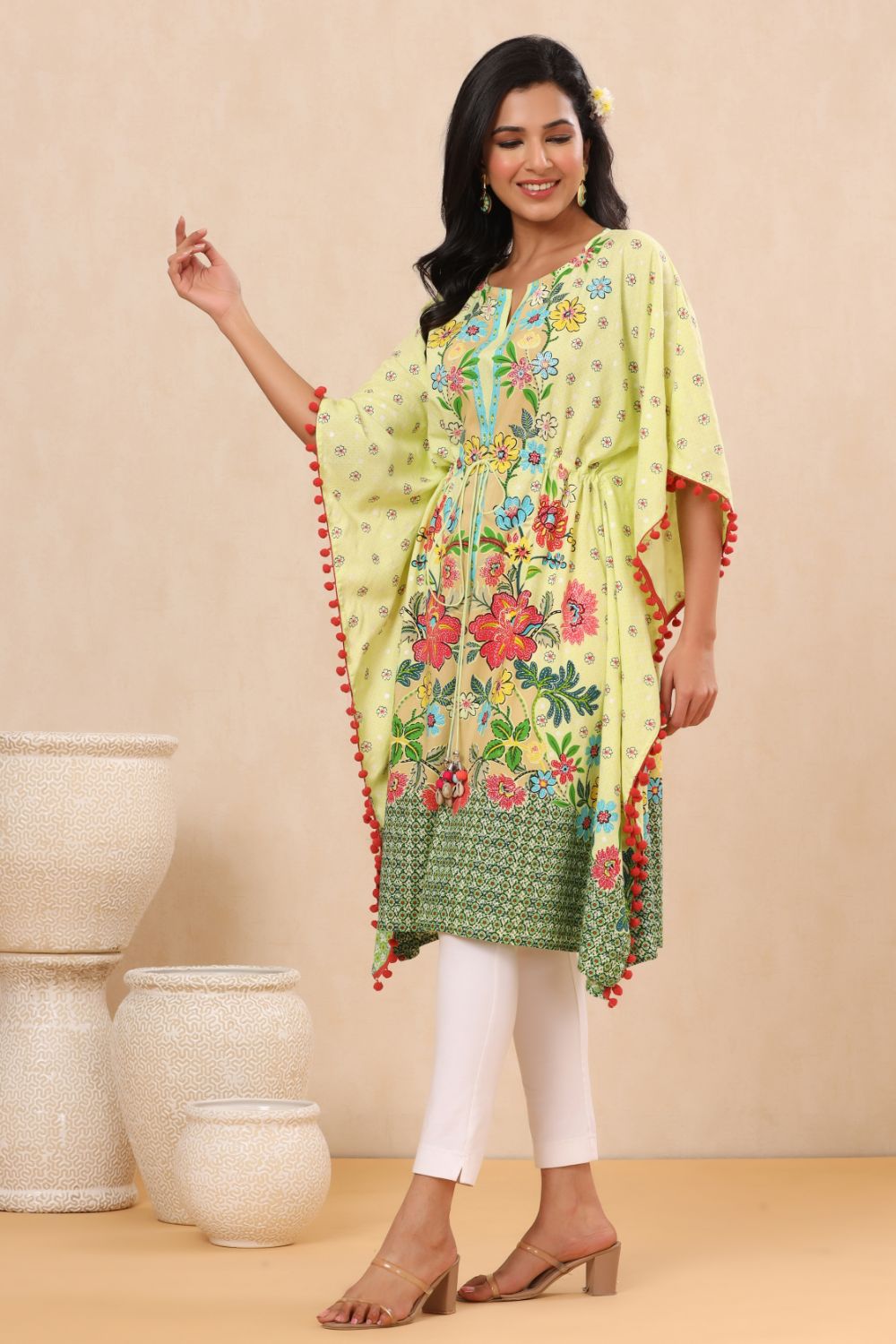 Juniper Womens Lime Yellow Rayon Multi Color Floral Printed Kaftan - Distacart