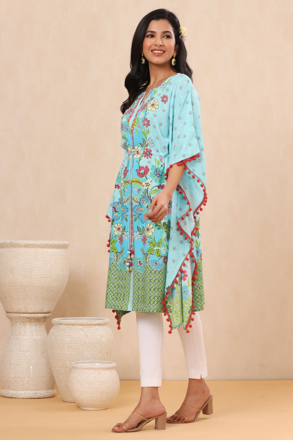 Juniper Womens Sky Blue Rayon Multi Color Floral Printed Kaftan - Distacart