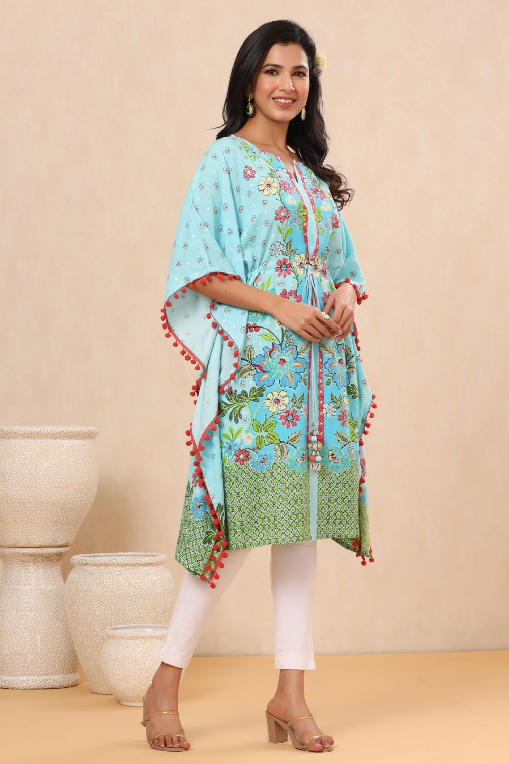Juniper Womens Sky Blue Rayon Multi Color Floral Printed Kaftan - Distacart