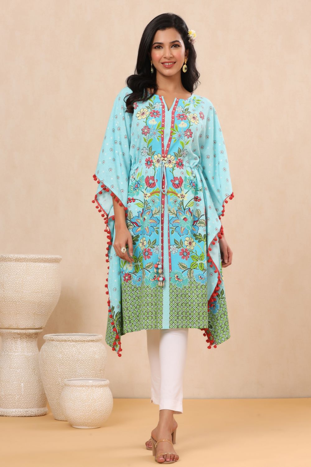 Juniper Womens Sky Blue Rayon Multi Color Floral Printed Kaftan - Distacart