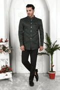 Raivat Ethnic Jacquard Silk Thread Work Jodhpuri In Dark Green Colour