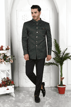 Raivat Ethnic Jacquard Silk Thread Work Jodhpuri In Dark Green Colour