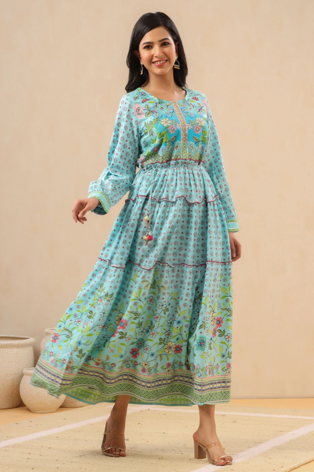 Juniper Womens Skyblue Rayon Floral Printed Tiered Dress - Distacart