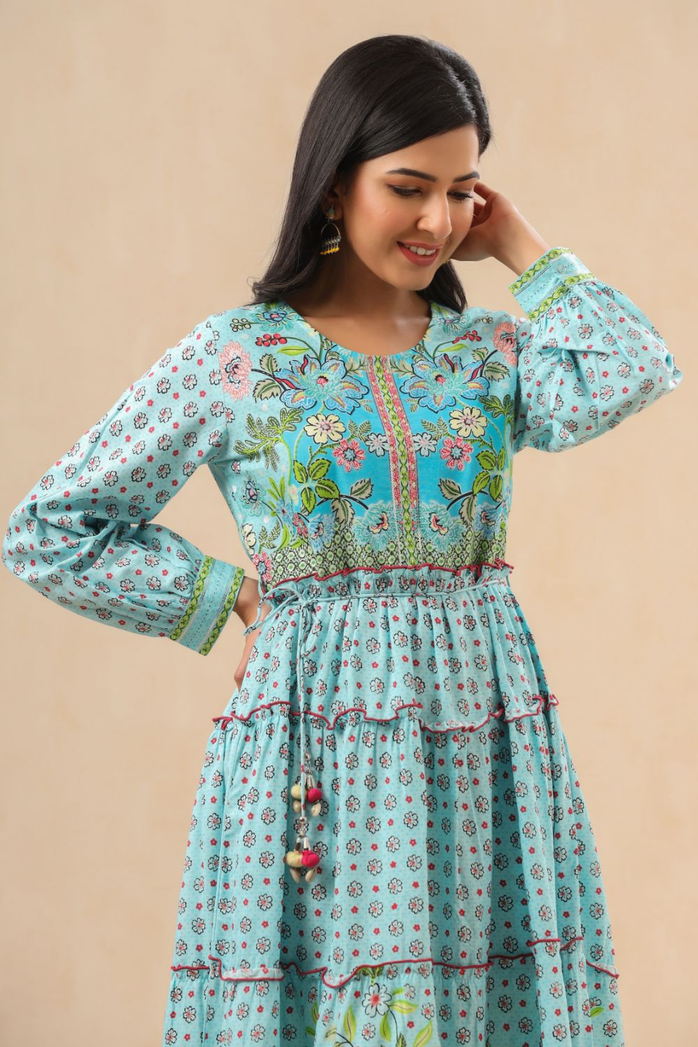 Juniper Womens Skyblue Rayon Floral Printed Tiered Dress - Distacart