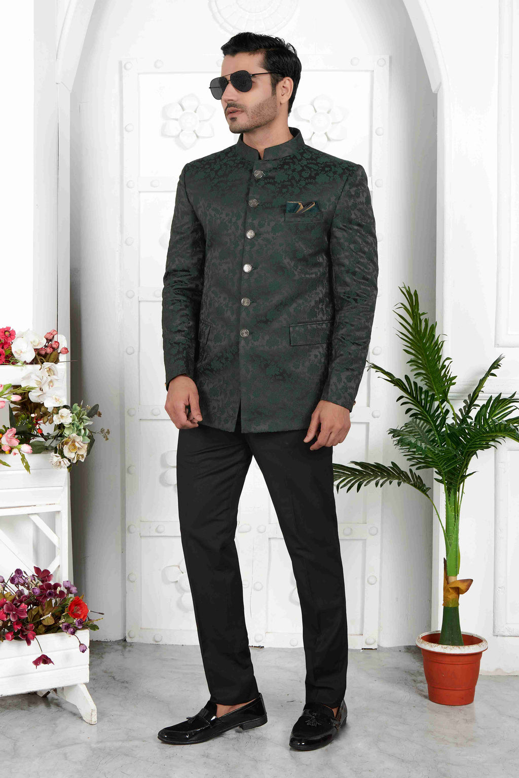 Raivat Ethnic Jacquard Silk Thread Work Jodhpuri In Dark Green Colour