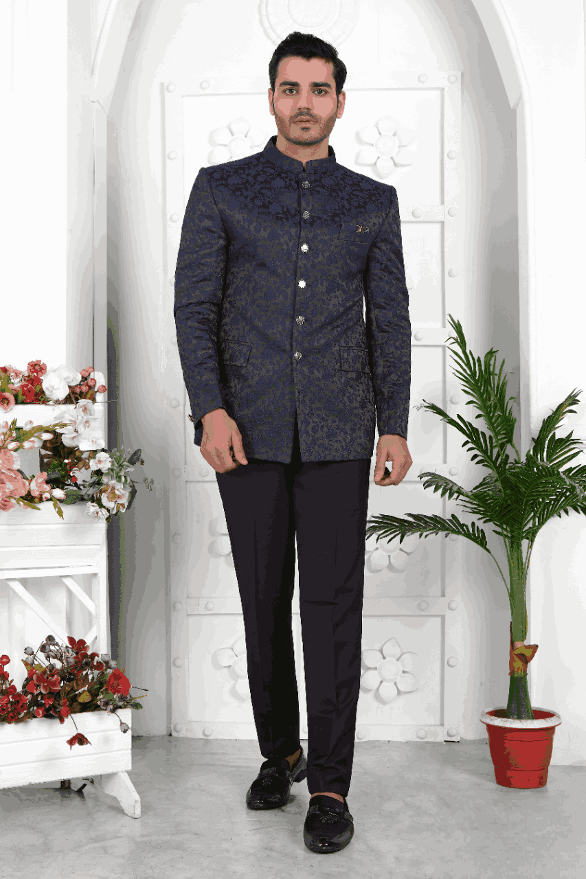 Raivat Ethnic Jacquard Silk Thread Work Jodhpuri In Navy Blue Colour