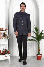 Raivat Ethnic Jacquard Silk Thread Work Jodhpuri In Navy Blue Colour