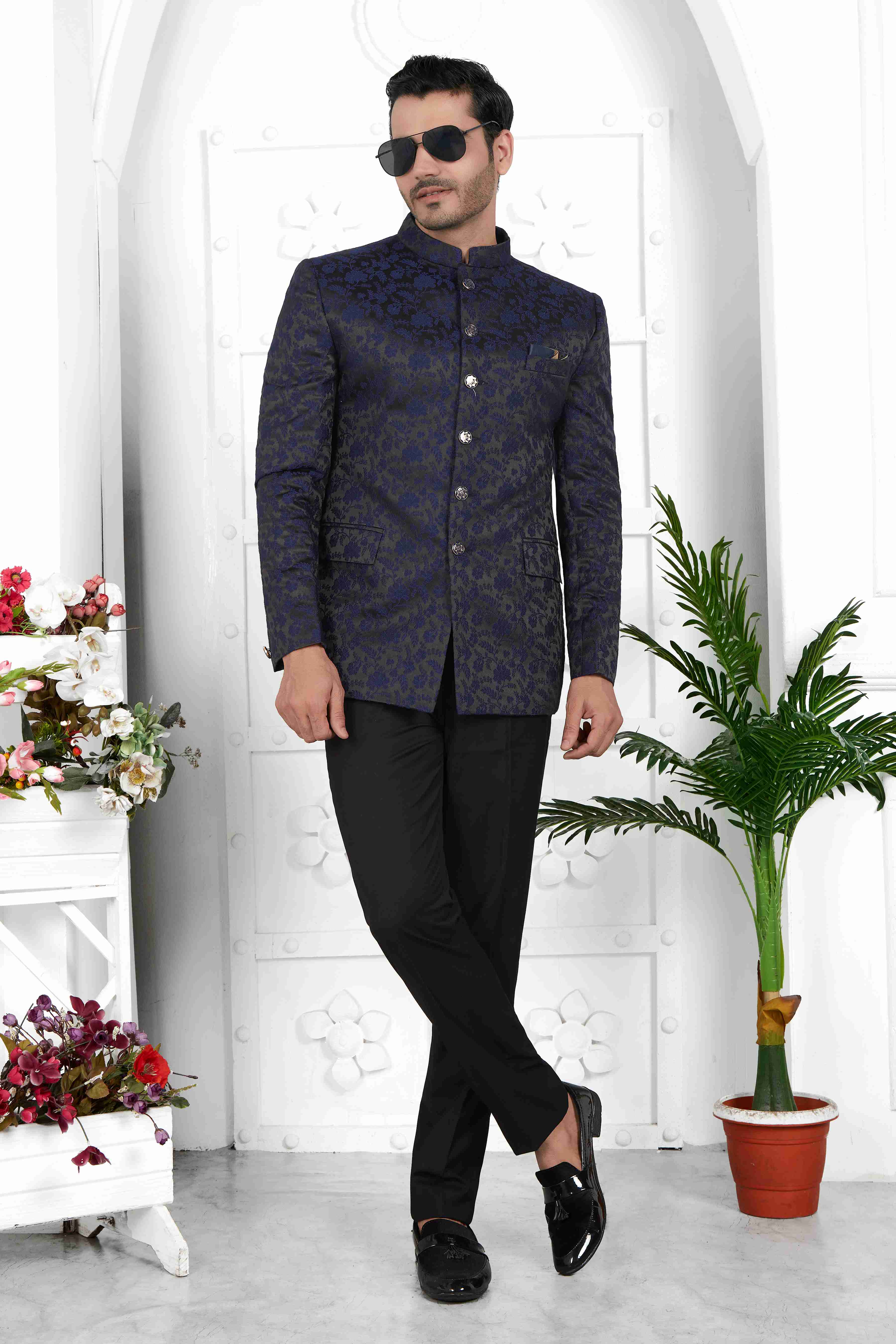 Raivat Ethnic Jacquard Silk Thread Work Jodhpuri In Navy Blue Colour
