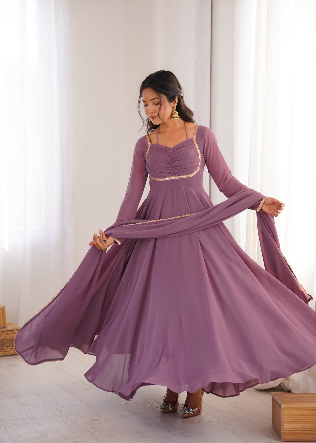Lorenvalley Fashion Mauve Faux Georgette Fancy Designer Yoke Dori Neck Anarkali Gown with Dupatta - Distacart