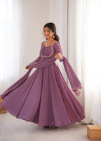 Lorenvalley Fashion Mauve Faux Georgette Fancy Designer Yoke Dori Neck Anarkali Gown with Dupatta - Distacart