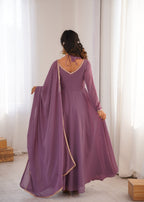 Lorenvalley Fashion Mauve Faux Georgette Fancy Designer Yoke Dori Neck Anarkali Gown with Dupatta - Distacart