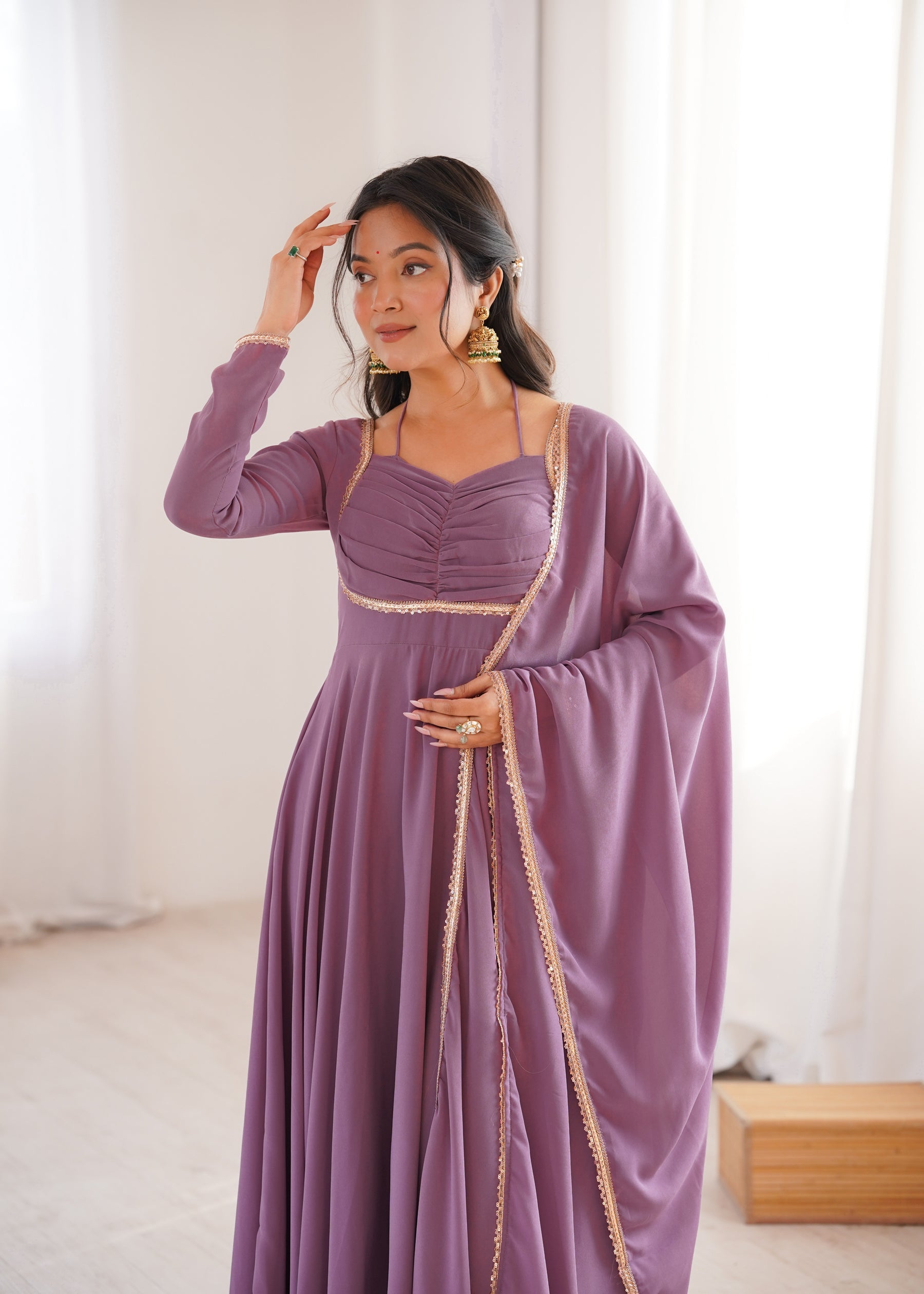 Lorenvalley Fashion Mauve Faux Georgette Fancy Designer Yoke Dori Neck Anarkali Gown with Dupatta - Distacart