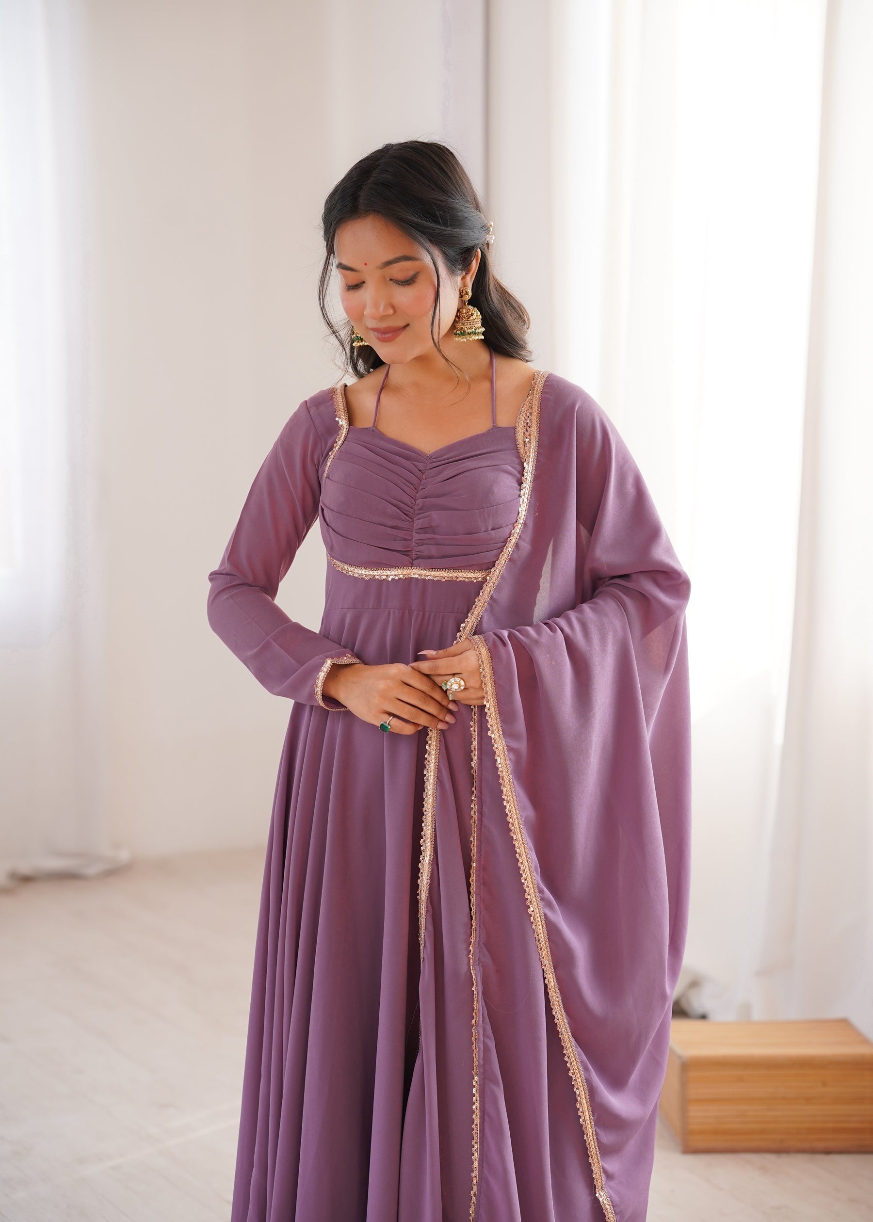 Lorenvalley Fashion Mauve Faux Georgette Fancy Designer Yoke Dori Neck Anarkali Gown with Dupatta - Distacart