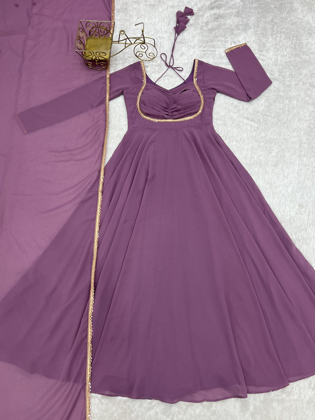 Lorenvalley Fashion Mauve Faux Georgette Fancy Designer Yoke Dori Neck Anarkali Gown with Dupatta - Distacart