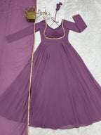Lorenvalley Fashion Mauve Faux Georgette Fancy Designer Yoke Dori Neck Anarkali Gown with Dupatta - Distacart